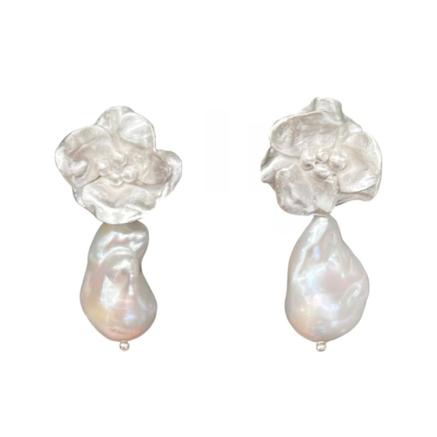 Accessories Jill Marsden | Large Joanna Bloom And Pearl Earrings Silver