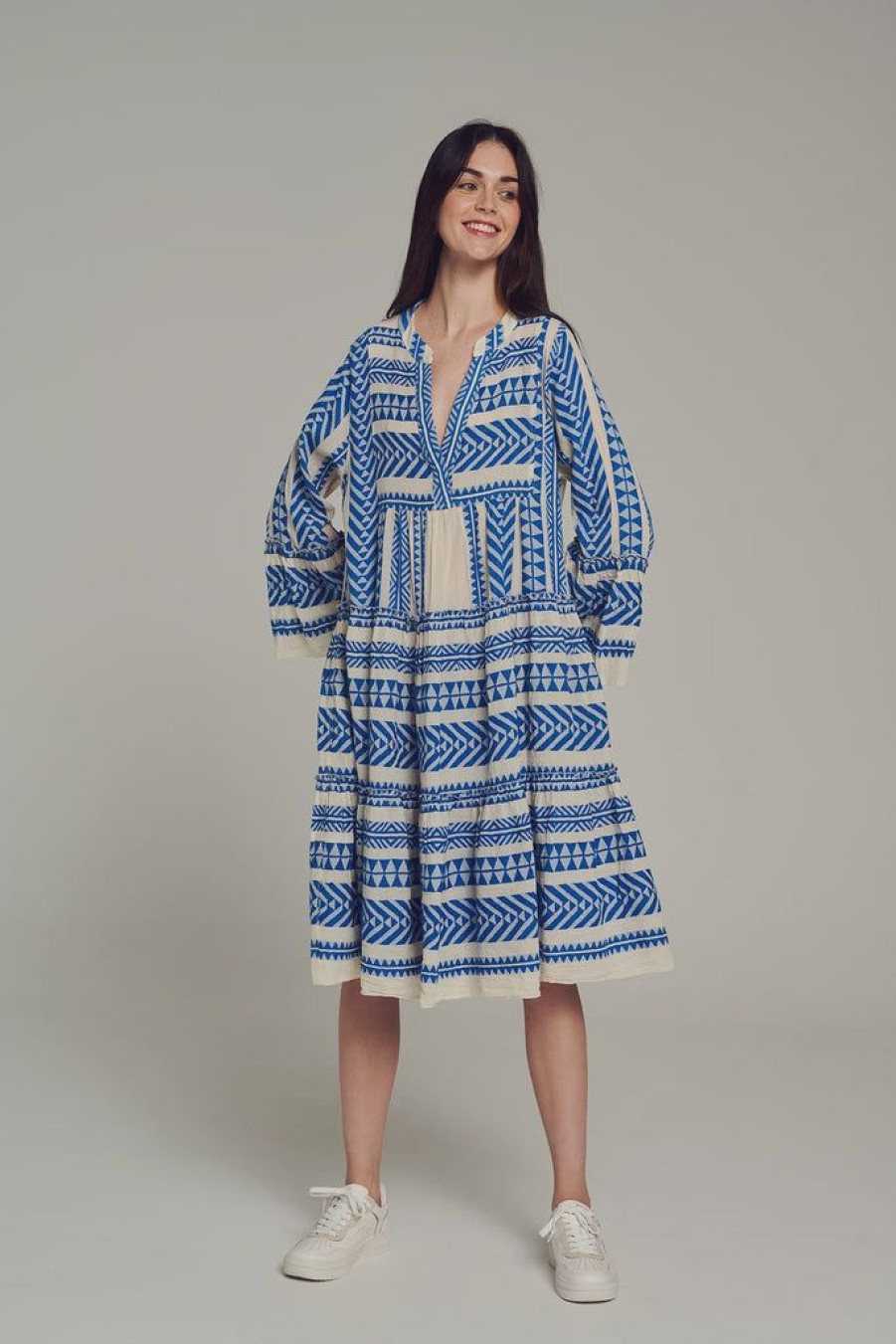 Clothing Devotion Greece | Ella Midi Dress Blue Off White