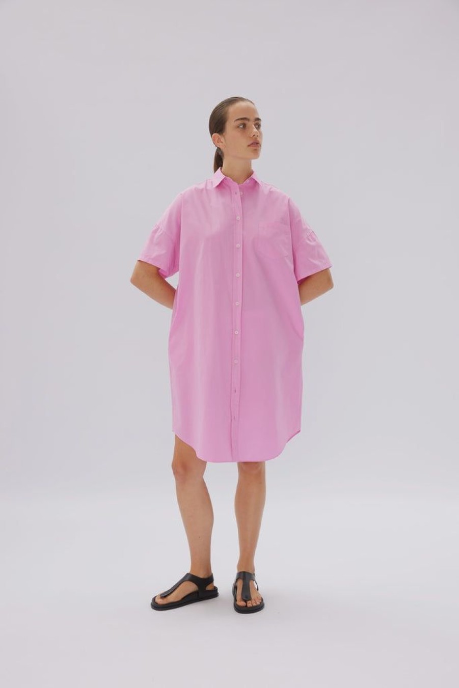 Clothing LMND | Chiara Short Sleeve Shirt Dress Bubblegum