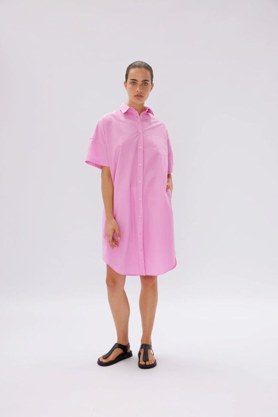 Clothing LMND | Chiara Short Sleeve Shirt Dress Bubblegum