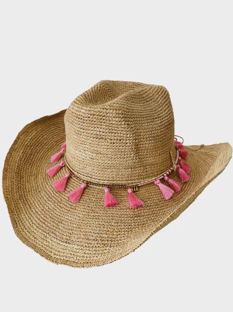 Accessories Iridescent Sea | Raffia Hat With Pink Tassel