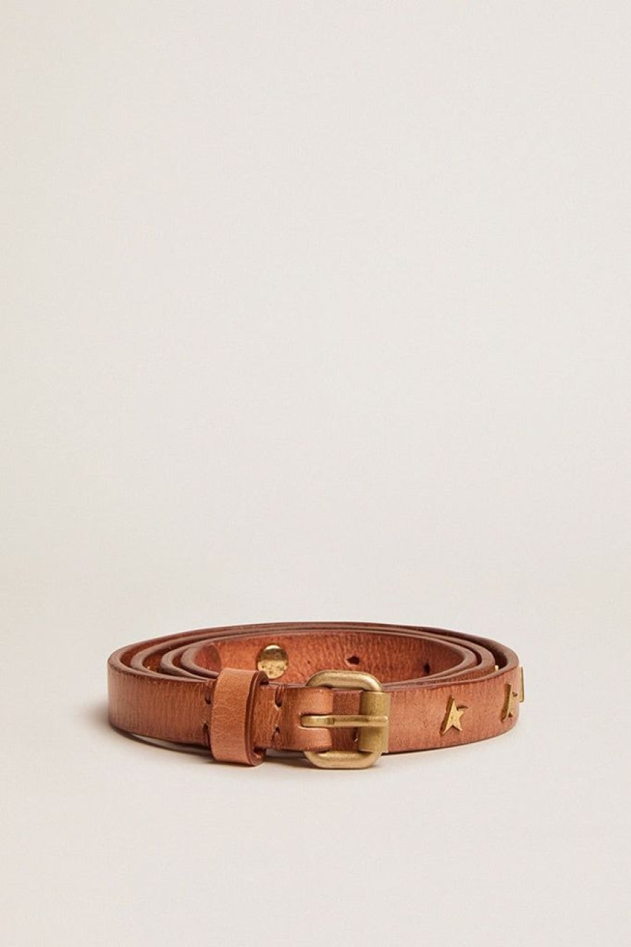 Accessories Golden Goose | Thin Tan Black Belt With Star Studs