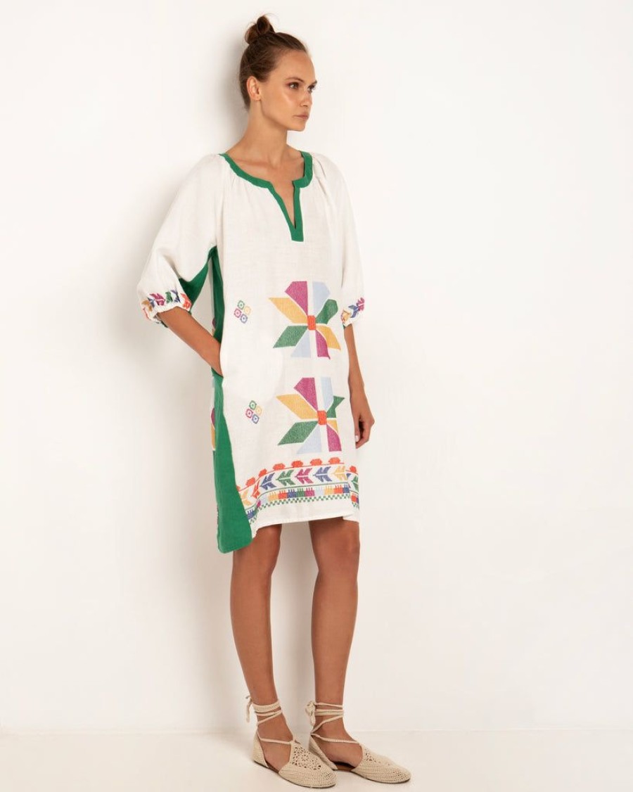 Clothing Kori | Sun Embroidered Short Dress White Green