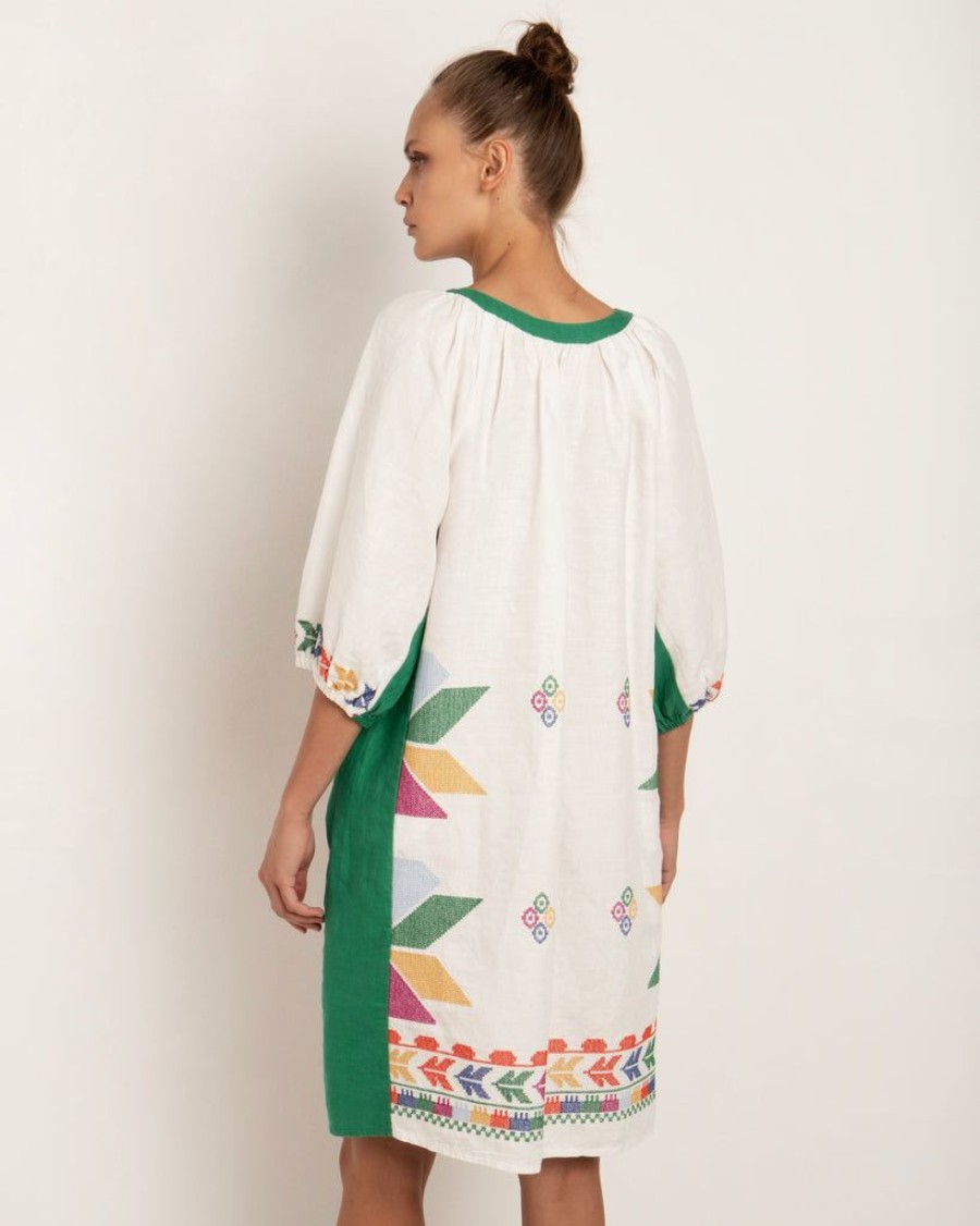 Clothing Kori | Sun Embroidered Short Dress White Green