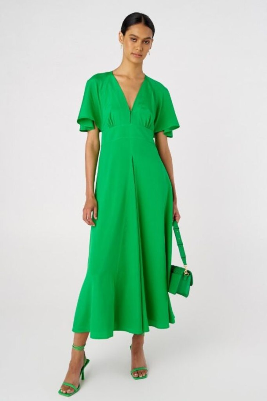 Clothing Oroton | Cape Sleeve Dress Jewel Green