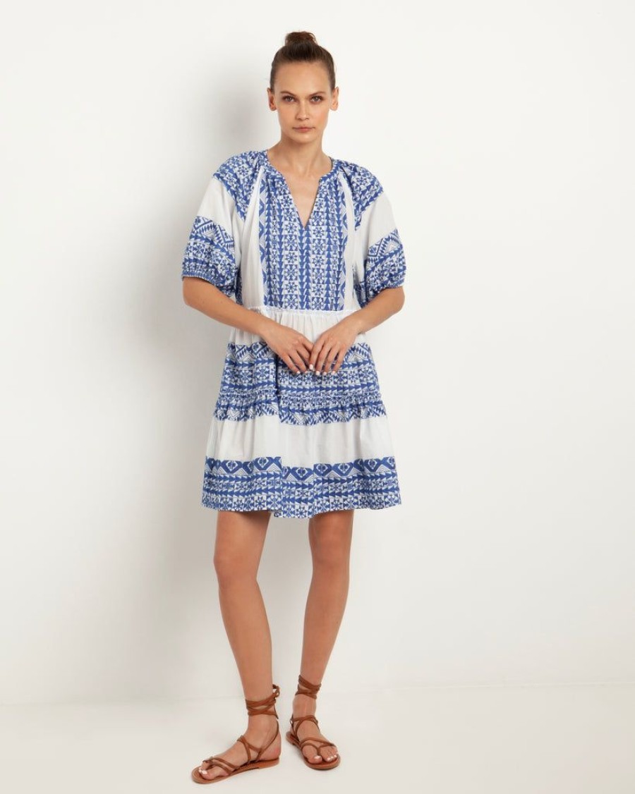 Clothing Kori | Embroidered Cotton Mini Dress White Blue