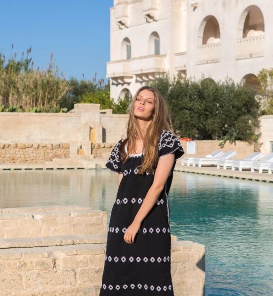 Clothing Pippa Holt Kaftans | Single Panel Midi Kaftan Black With White Design