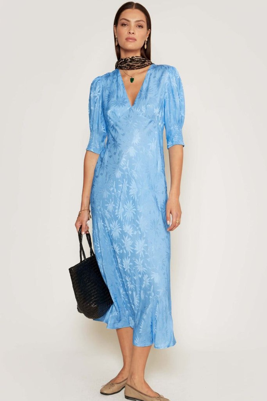 Clothing RIXO London | Zadie Dress Daisy Jacquard Blue