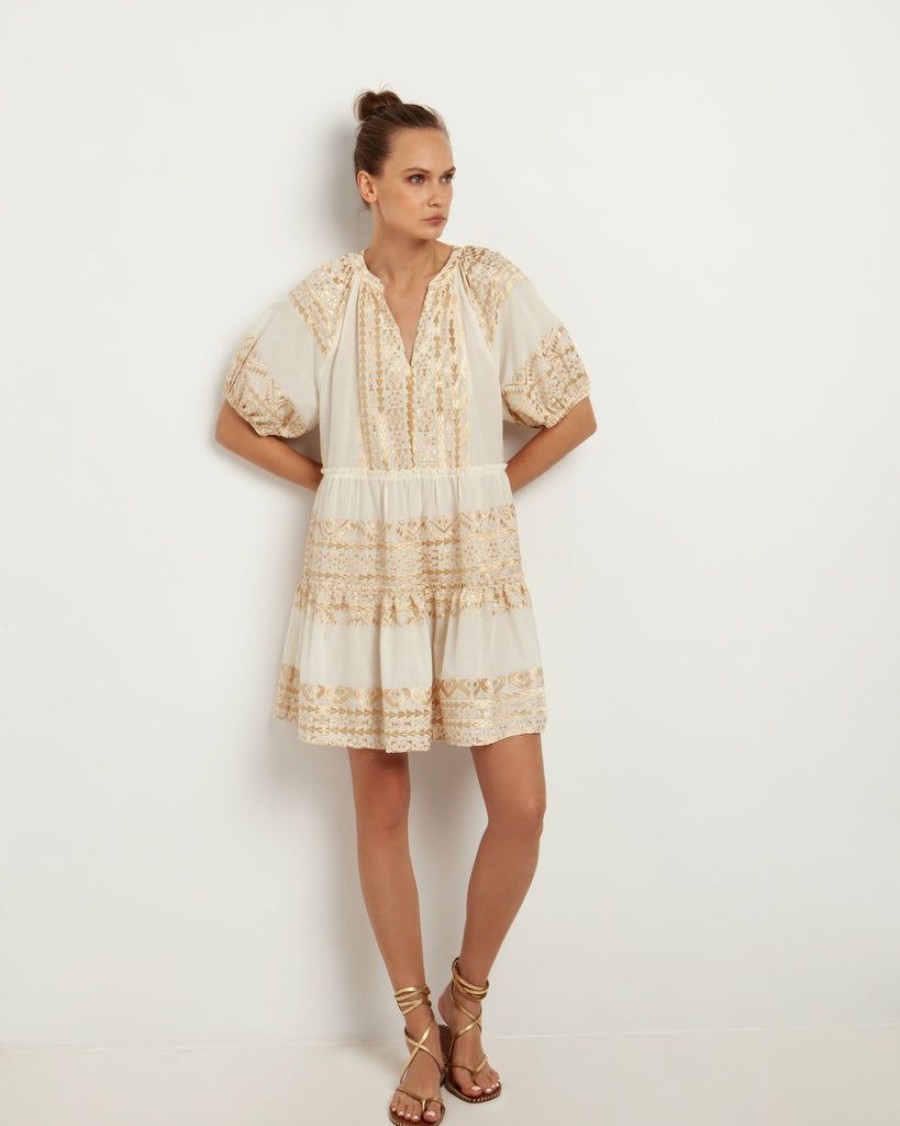 Clothing Kori | Embroidered Cotton Mini Dress White Gold