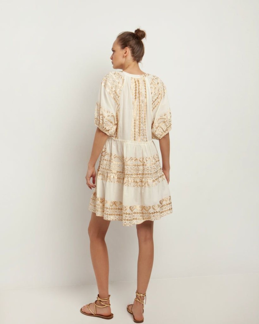 Clothing Kori | Embroidered Cotton Mini Dress White Gold