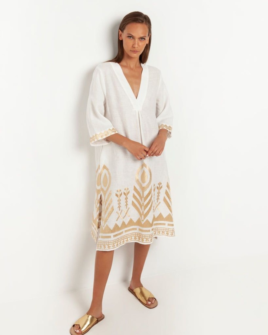 Clothing Kori | Feather Embroidered Midi Dress White Gold