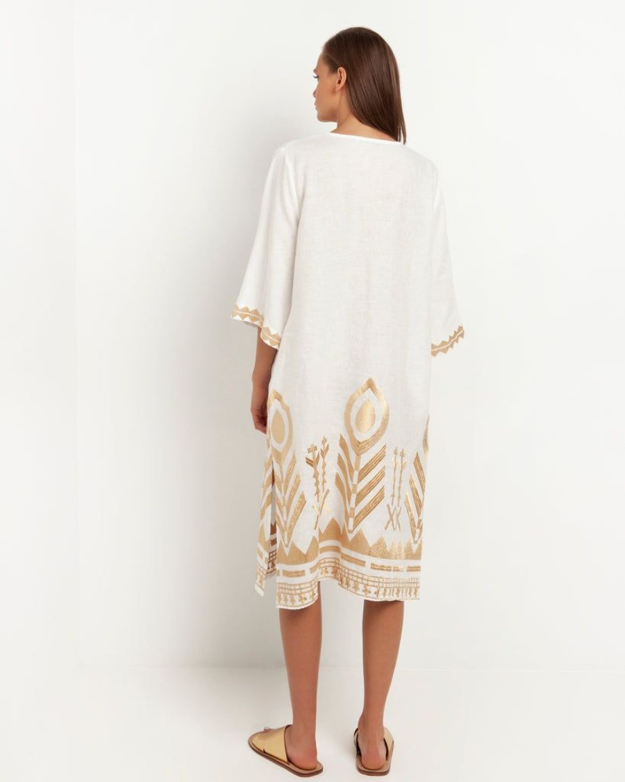 Clothing Kori | Feather Embroidered Midi Dress White Gold