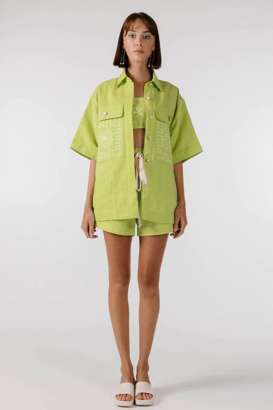 Clothing Isobel Badin | Swirly Square Embroidered Shirt Lime