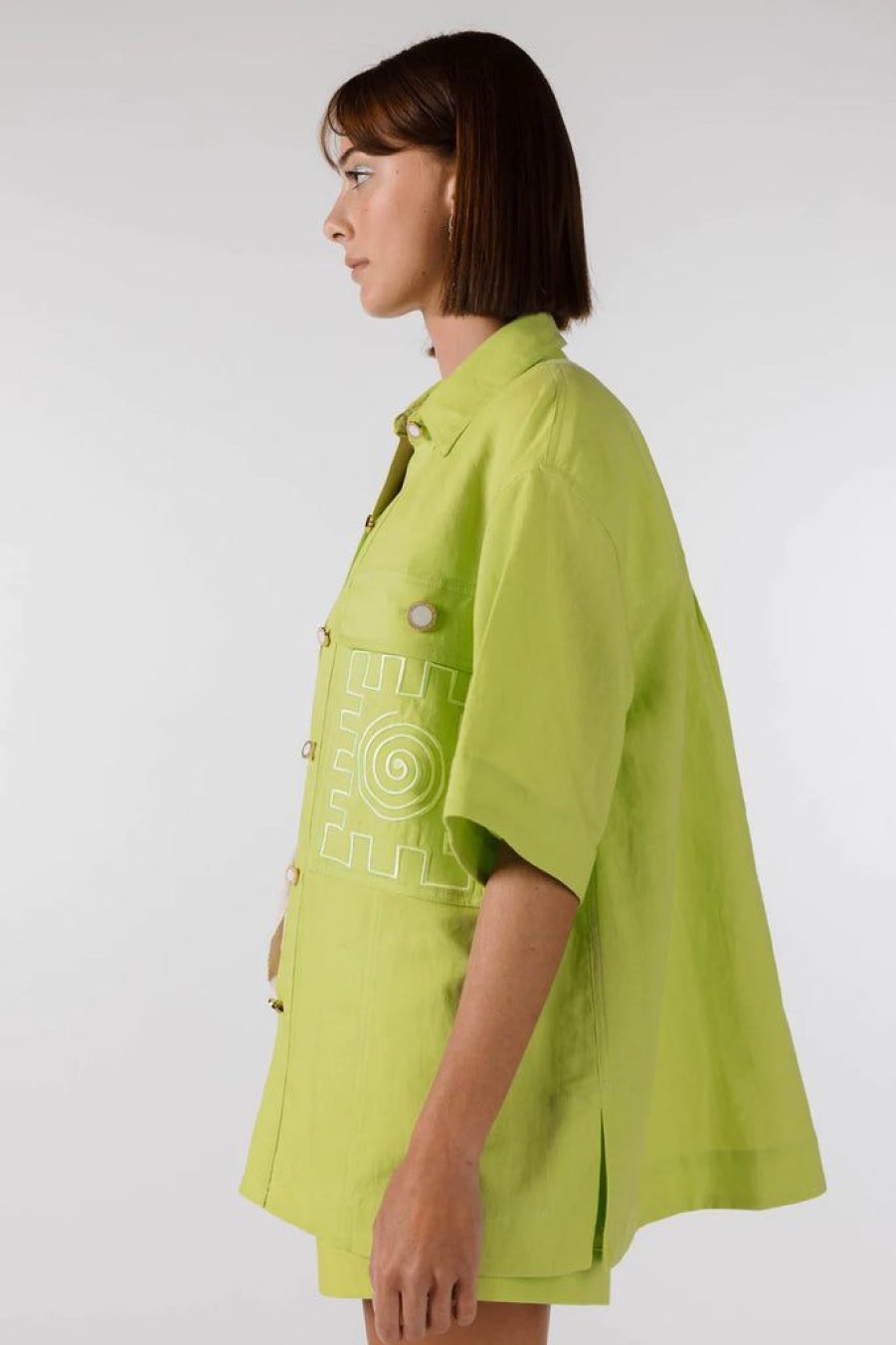 Clothing Isobel Badin | Swirly Square Embroidered Shirt Lime