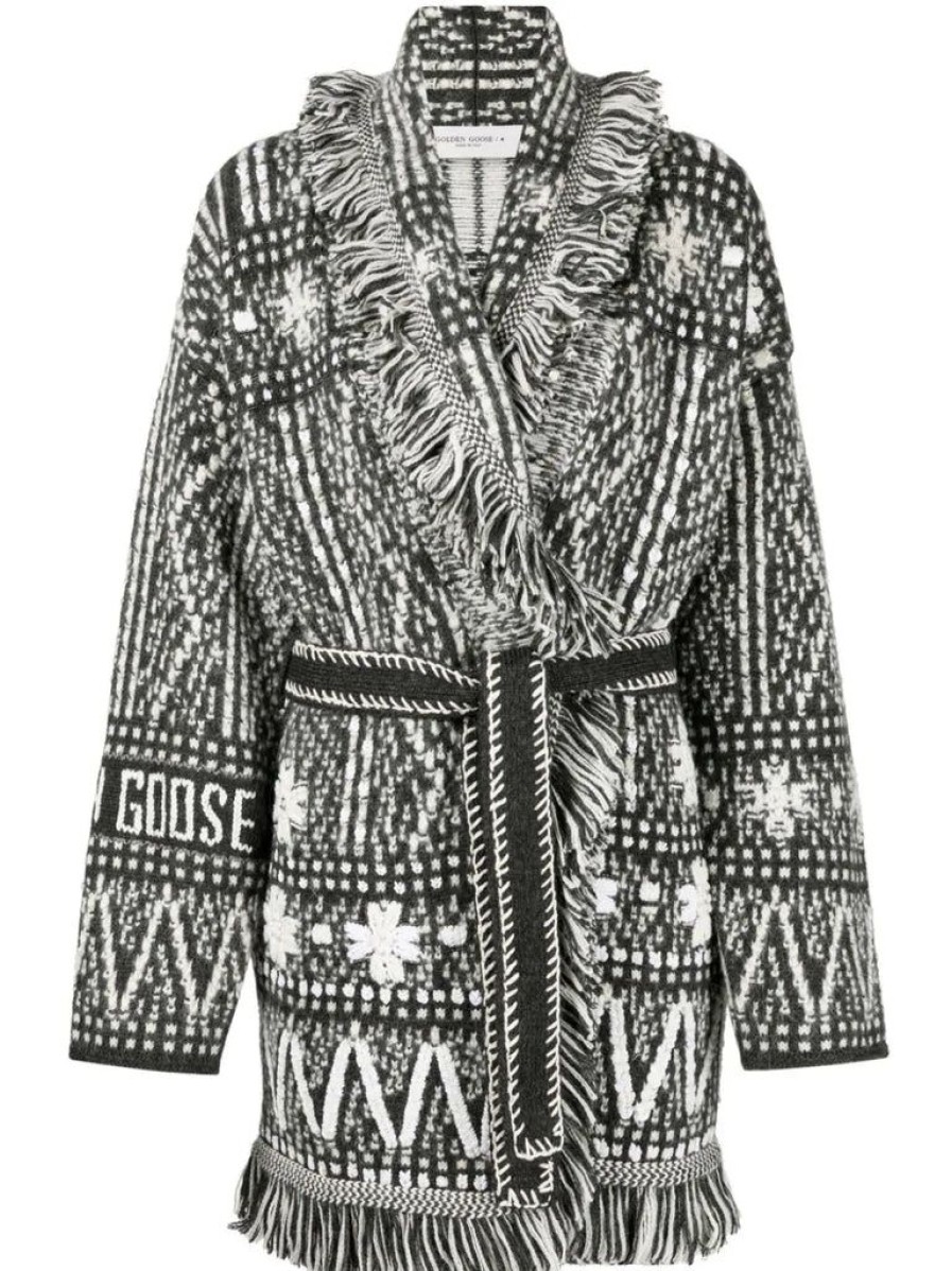 Clothing Golden Goose | Cardigan With Belt And Dark Gray Fair Isle Pattern