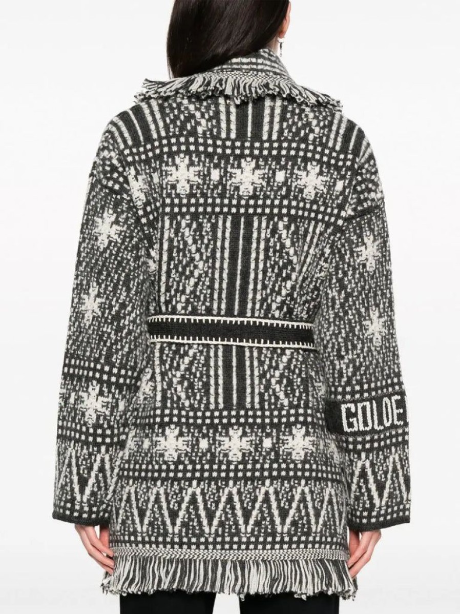 Clothing Golden Goose | Cardigan With Belt And Dark Gray Fair Isle Pattern