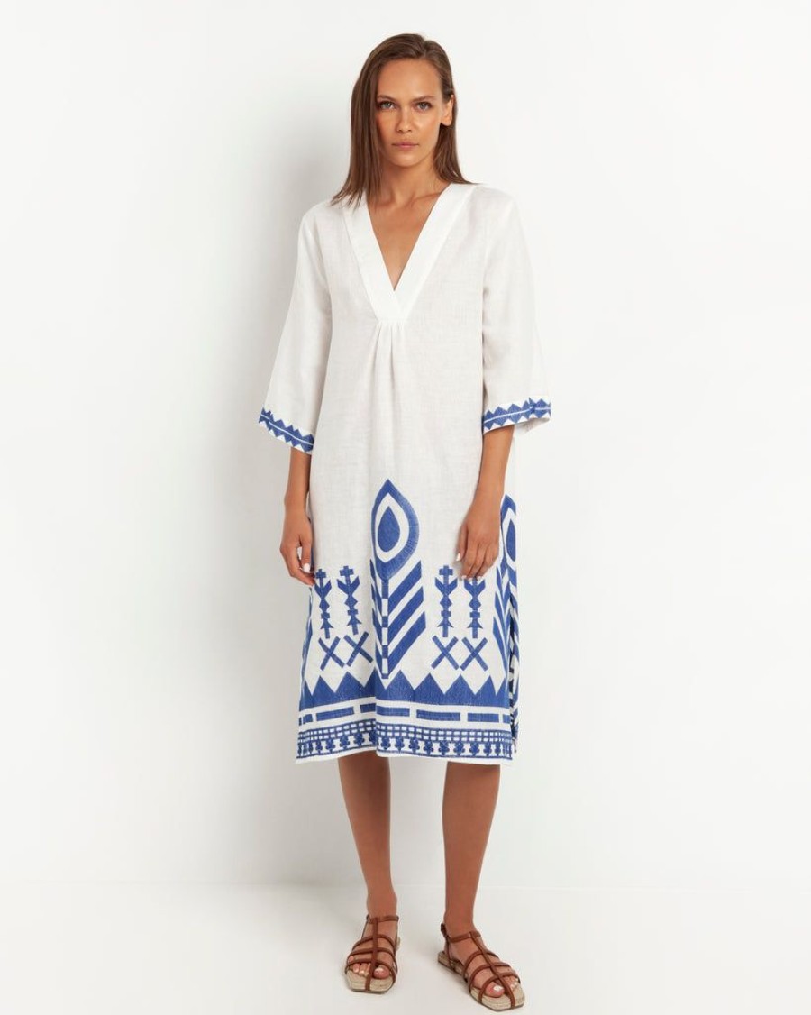 Clothing Kori | Feather Embroidered Midi Dress White Blue