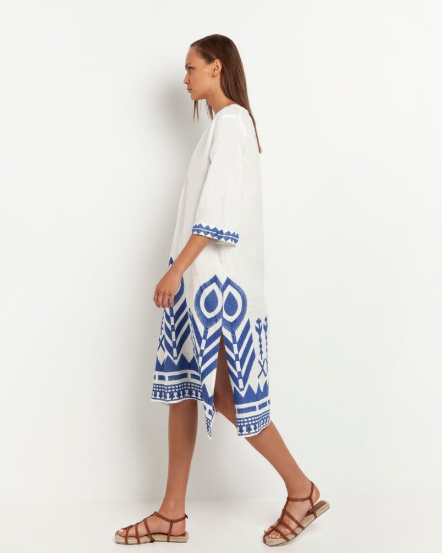 Clothing Kori | Feather Embroidered Midi Dress White Blue